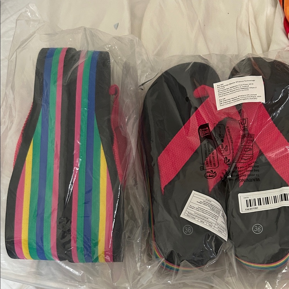 Women’s Rainbow Stripe Flip Flop Sandals - Black with Multicolor Stripes